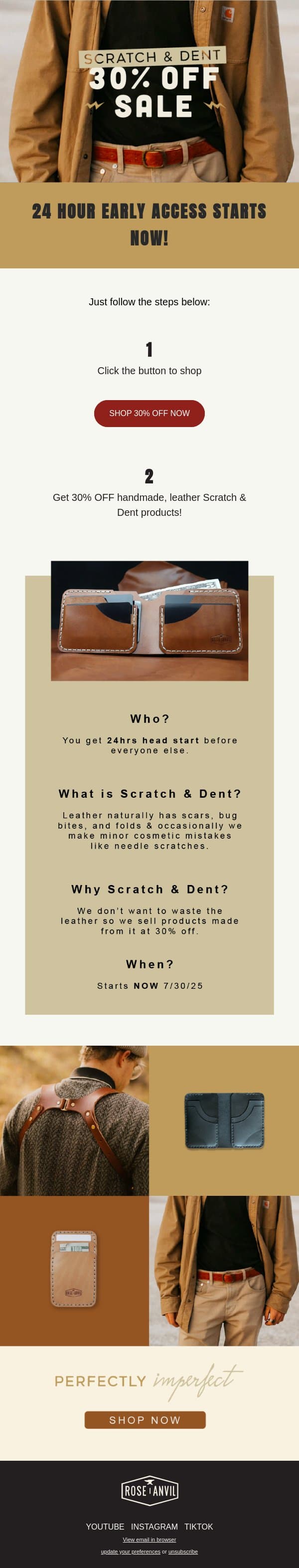 30% OFF Scratch & Dent starts NOW - EARLY ACCESS🤫 email from Rose Anvil screenshot