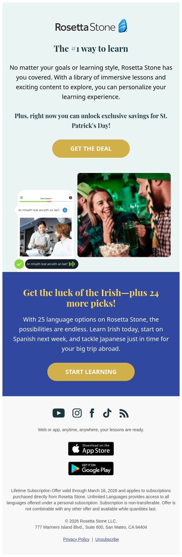 ⏳ Final Day! Save for St. Patrick’s Day email from Rosetta Stone screenshot