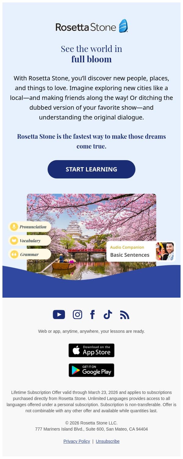 🌺 Warmer temps = perfect weather for learning email from Rosetta Stone screenshot