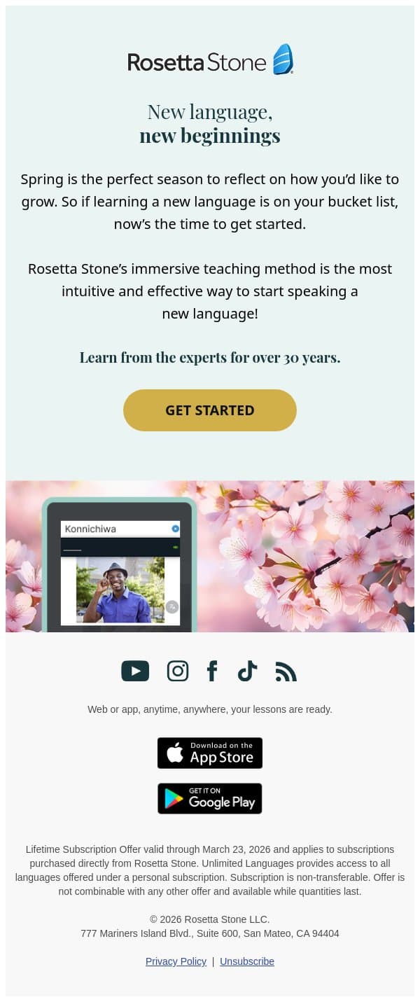 🌸 Set your spring learning goals email from Rosetta Stone screenshot