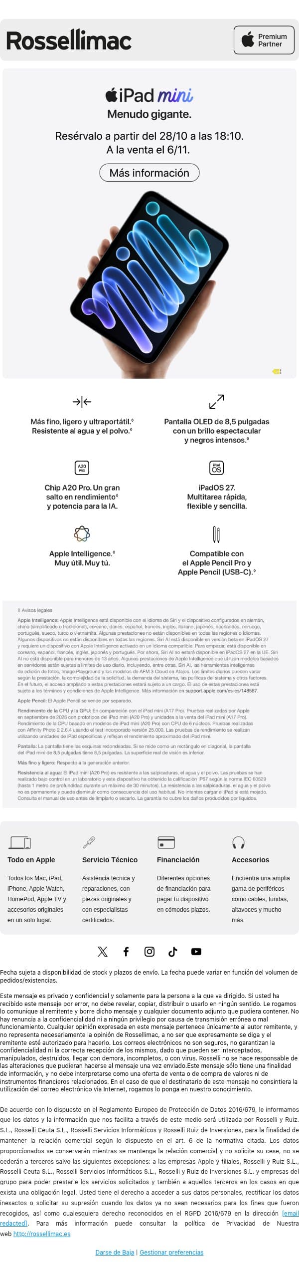 Descubre el nuevo iPad mini. email from Rossellimac screenshot