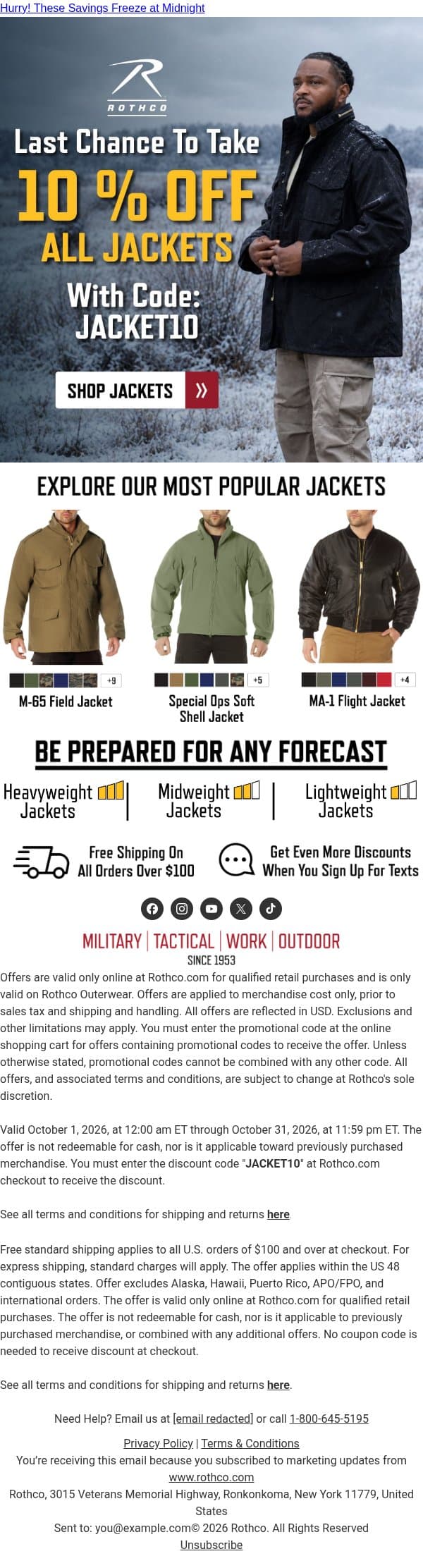The Forecast: 10% Off All Jackets 🌡️ email from Rothco screenshot
