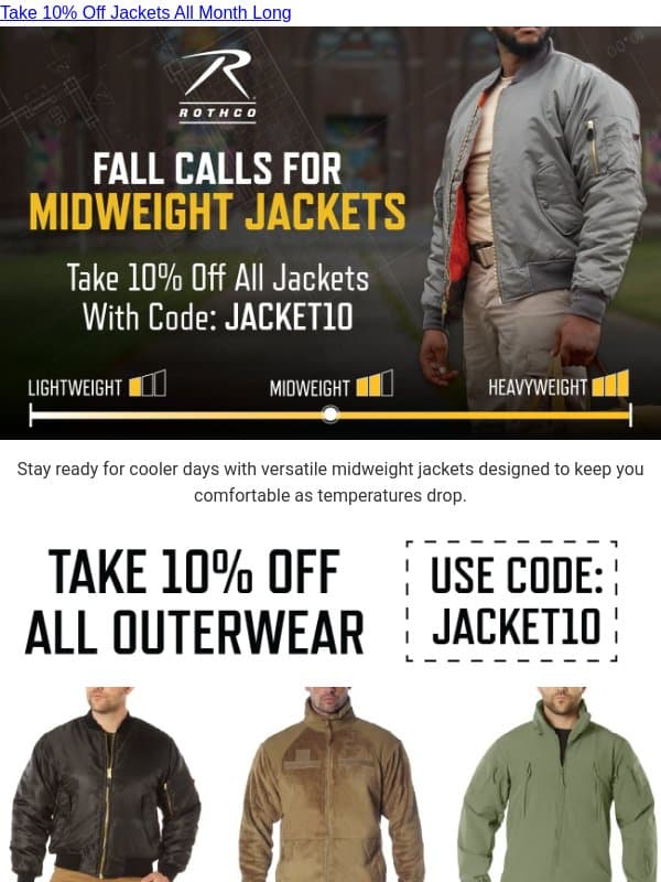 Your Perfect Jacket for Fall Is Here email from Rothco