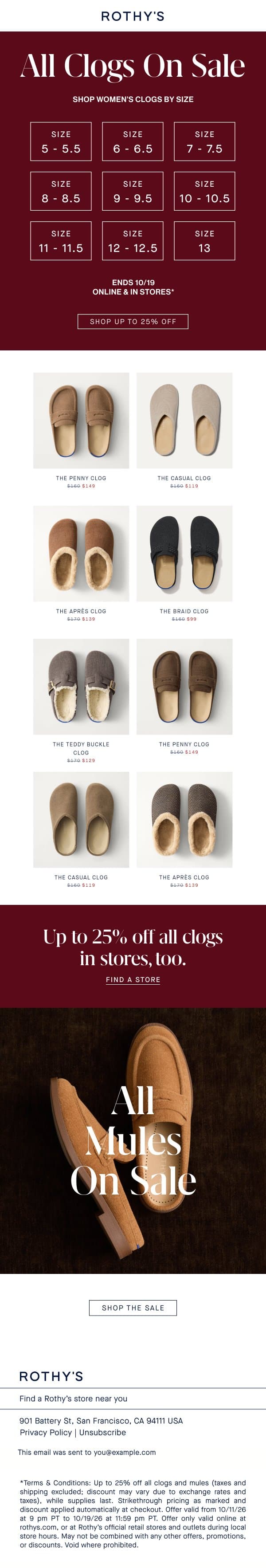 Your size. Your clog sale. email from Rothy's screenshot