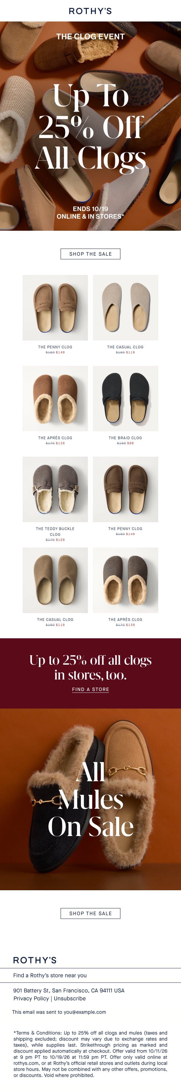 ALL CLOGS ON SALE email from Rothy's screenshot