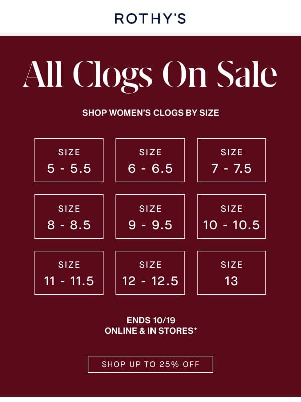 Your size. Your clog sale. email from Rothy's