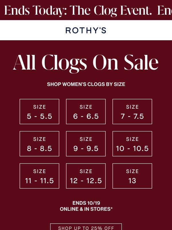 ENDS TODAY! ALL CLOGS ON SALE. email from Rothy's