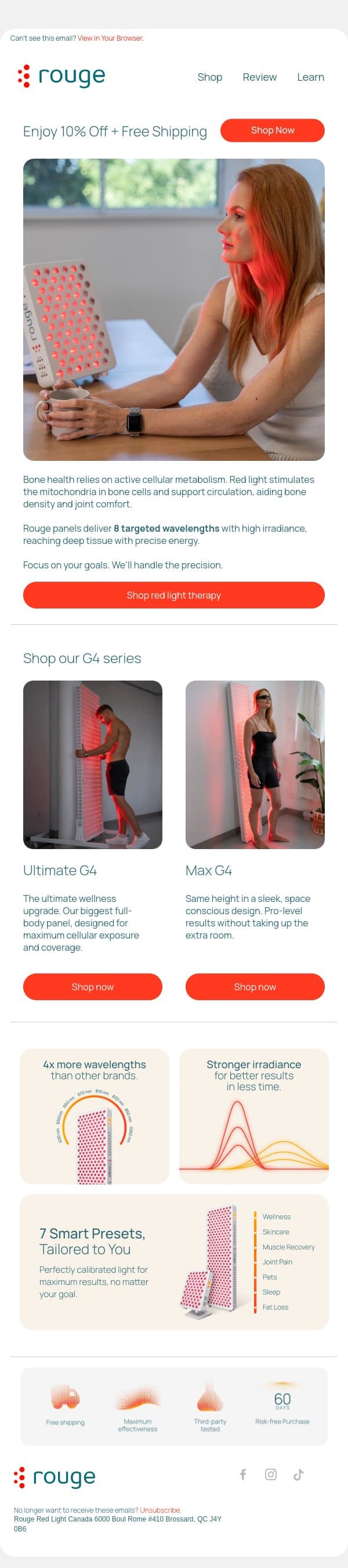 Red light therapy and bone density email from Rouge Nano screenshot