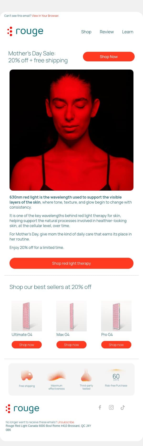 20% off skin support email from Rouge Nano screenshot