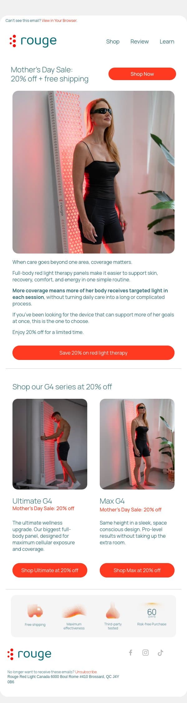 20% off full-body care email from Rouge Nano screenshot