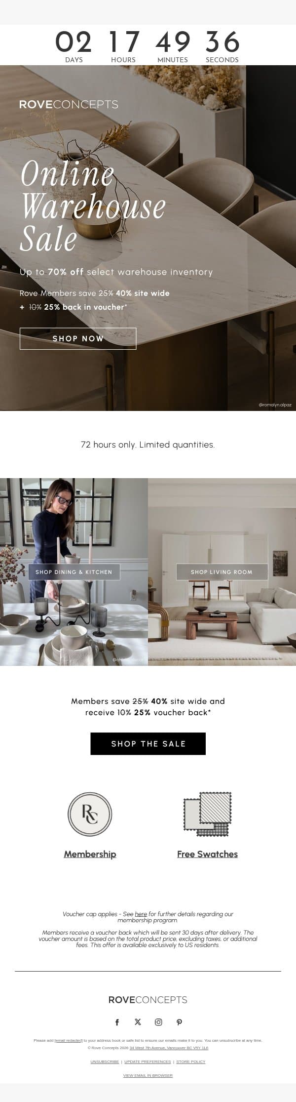 The Online Warehouse Sale Is Open — Up to 70% Off email from Rove Concepts screenshot