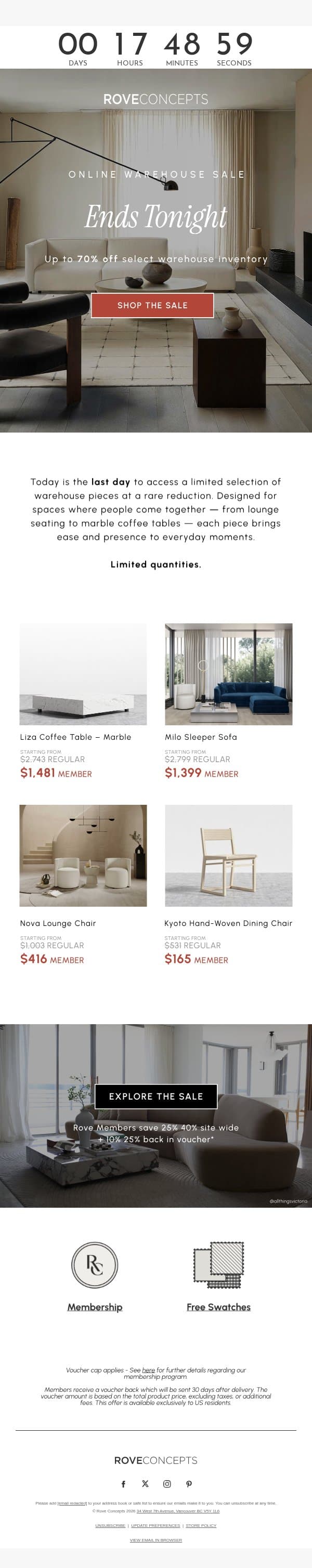 Final Hours: The Warehouse Sale Ends Tonight email from Rove Concepts screenshot