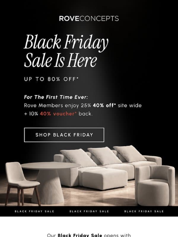 The Black Friday Sale begins today email from Rove Concepts