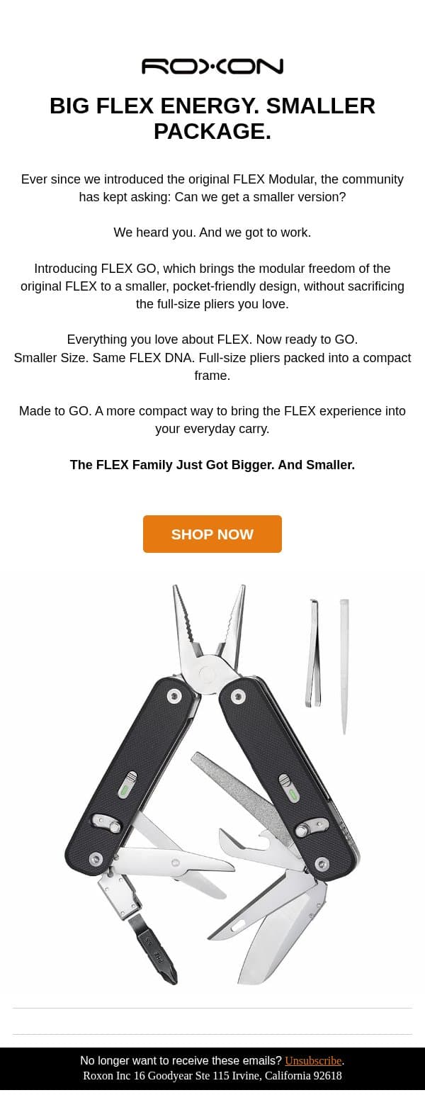 Meet The All-New FLEX GO. Your Everyday Carry, Your Way. email from ROXON screenshot