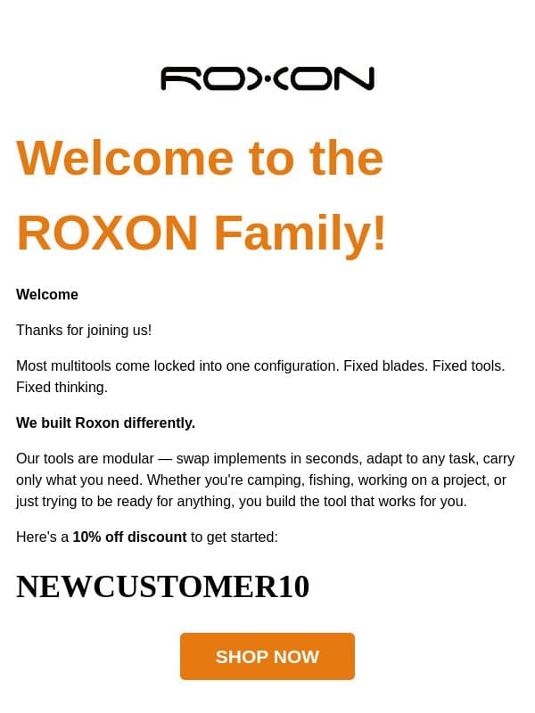 Welcome to ROXON — Here's 10% Off Your First Tool! email from ROXON