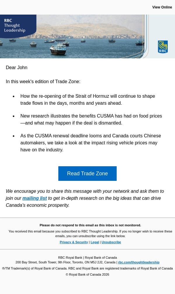Trade Zone: How energy markets could shape up post-Hormuz email from Royal Bank of Canada screenshot