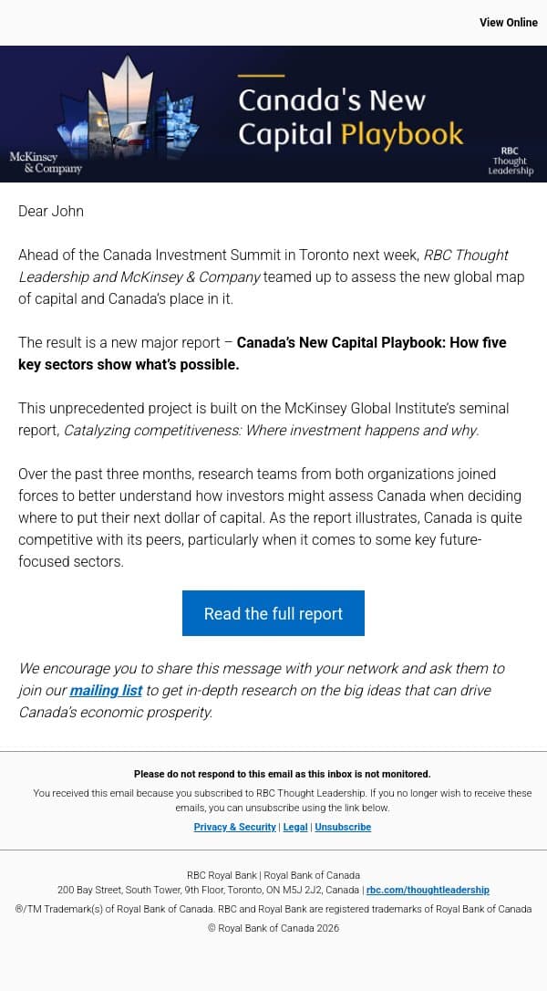 Canada’s New Capital Playbook: How five key sectors show what’s possible email from Royal Bank of Canada screenshot
