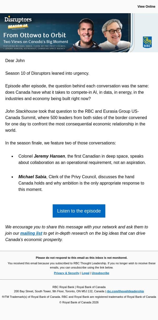 From Ottawa to Orbit: Two Views on Canada's Big Moment email from Royal Bank of Canada screenshot