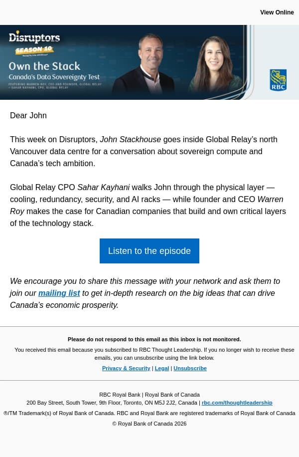 Own The Stack: Canada’s Data Sovereignty Test email from Royal Bank of Canada screenshot