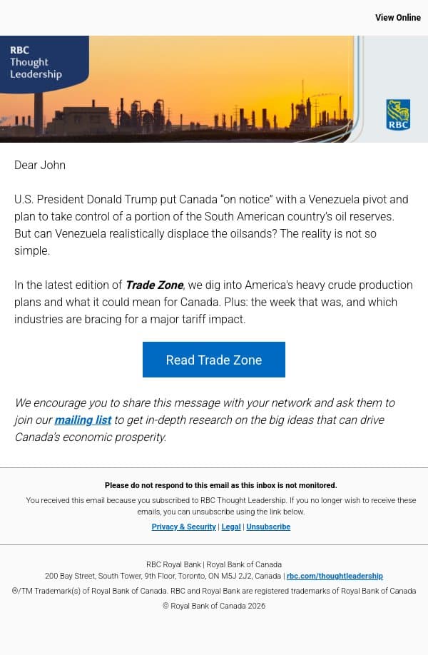 Can Venezuelan oil displace the oilsands? email from Royal Bank of Canada screenshot