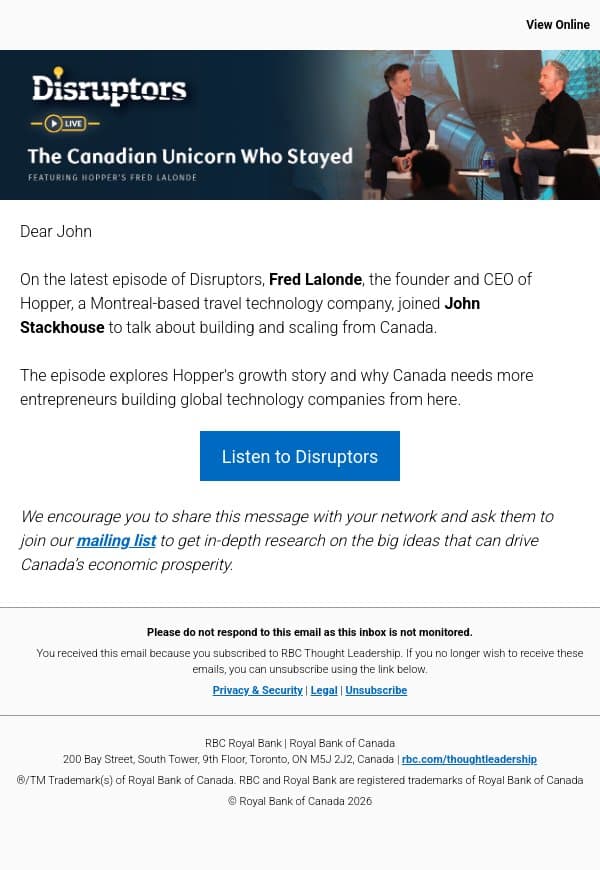 The Canadian Unicorn Who Stayed email from Royal Bank of Canada screenshot