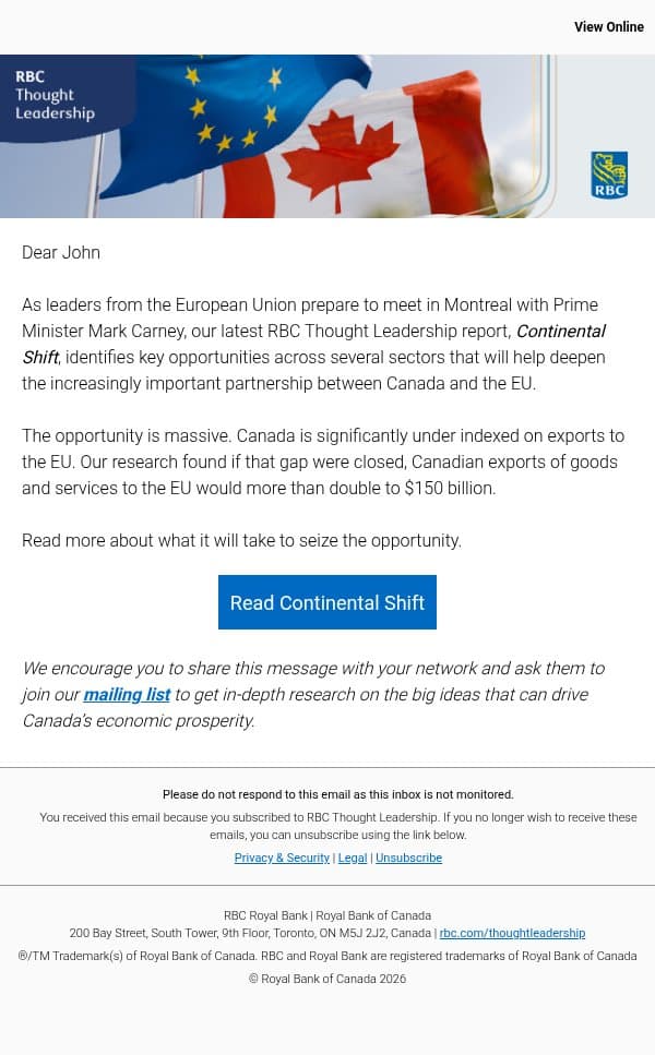 Continental Shift: How Canada can unlock a $150-billion export opportunity in the EU email from Royal Bank of Canada screenshot