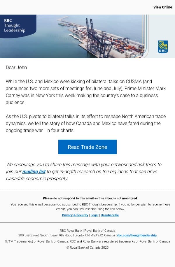 Trade Zone: Canada and Mexico’s American trade travails—in charts email from Royal Bank of Canada screenshot