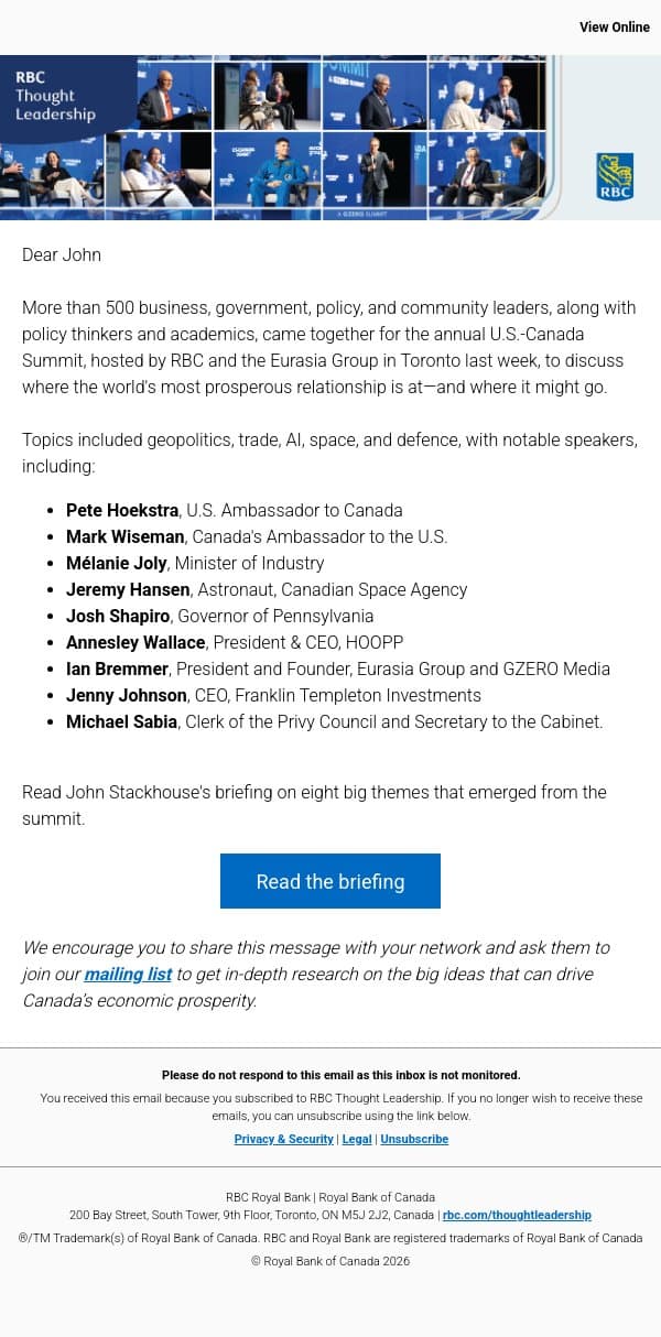 Eight big themes from the U.S.-Canada summit email from Royal Bank of Canada screenshot