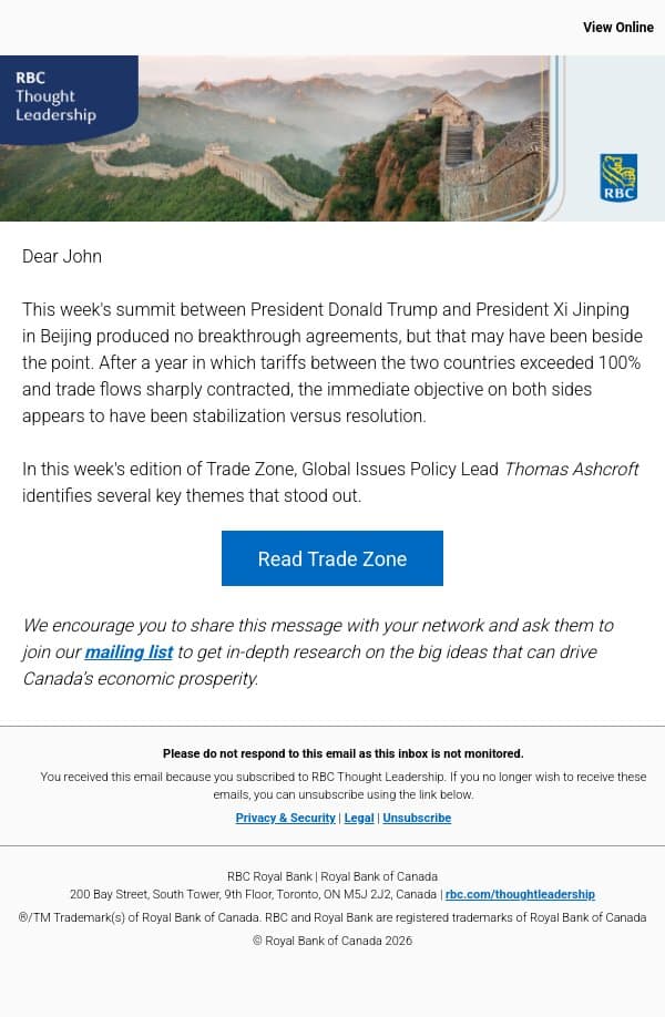 Trade Zone: Where the U.S. and China go from here email from Royal Bank of Canada screenshot