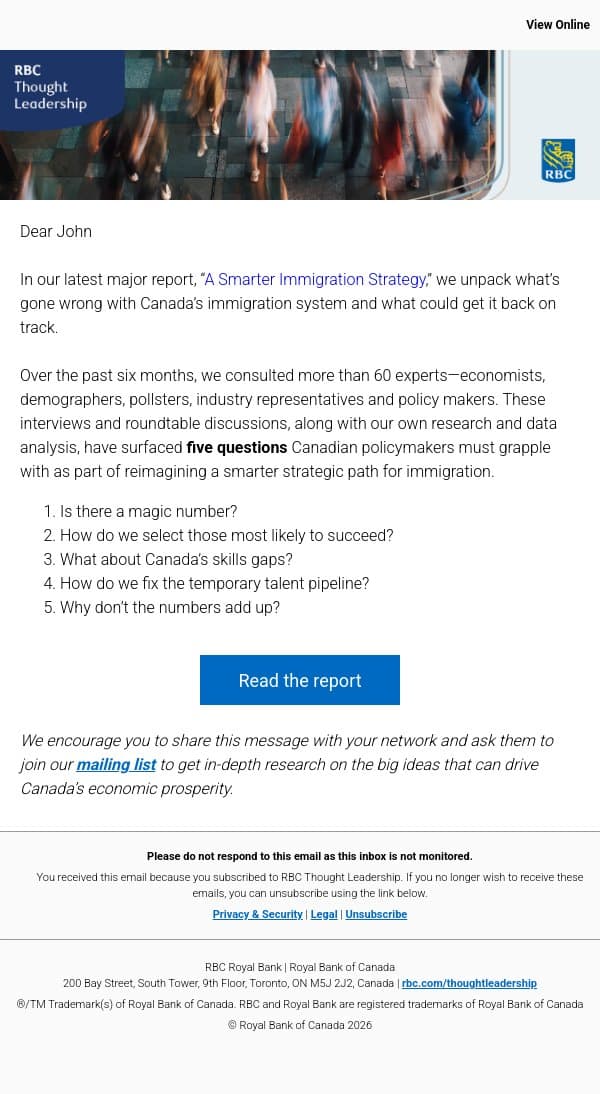 Canada’s immigration strategy needs a reset email from Royal Bank of Canada screenshot