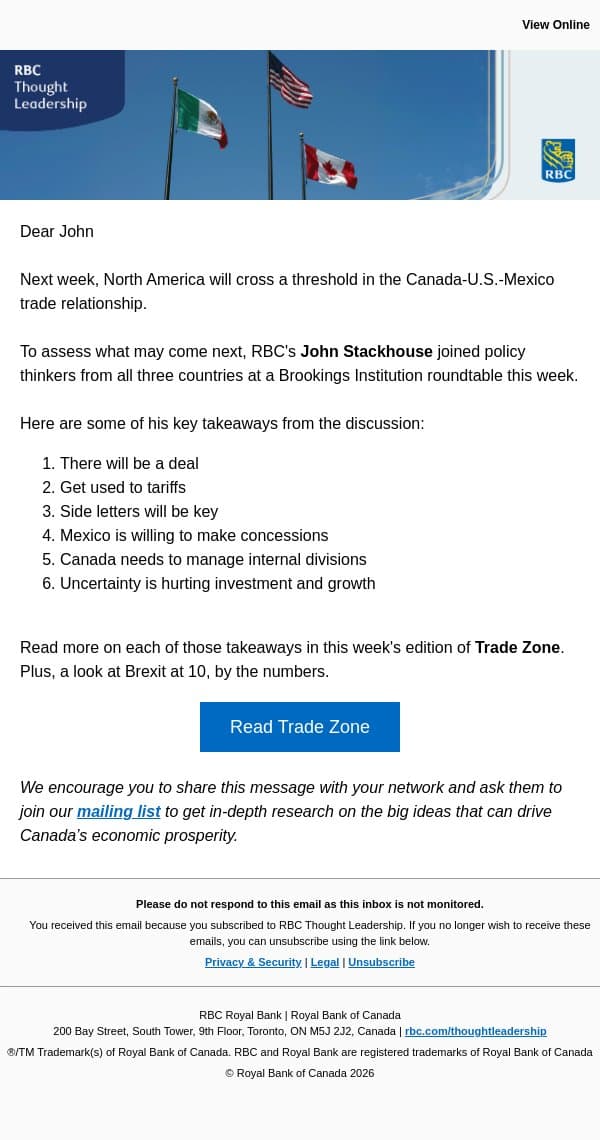 Trade Zone - Expect more elbows, fewer handshakes, as CUSMA talks heat up email from Royal Bank of Canada screenshot