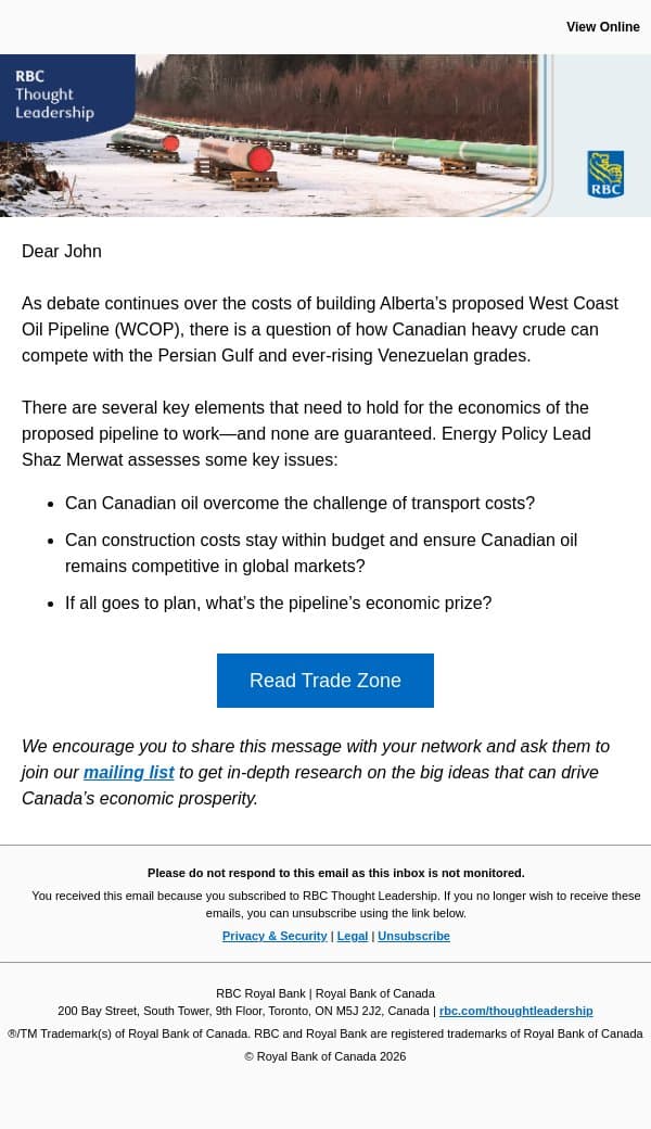The costs—and the economic prize—of the West Coast Oil Pipeline email from Royal Bank of Canada screenshot