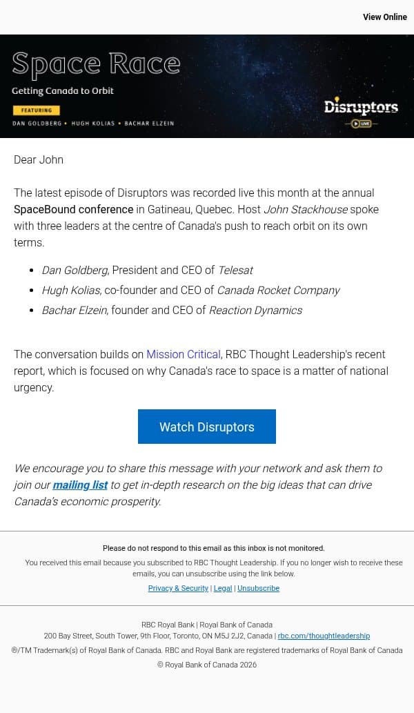 Space Race: Getting Canada to Orbit email from Royal Bank of Canada screenshot