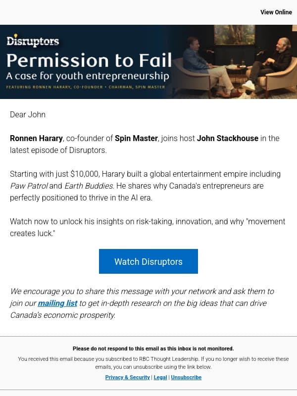 Permission to Fail: A case for youth entrepreneurship email from Royal Bank of Canada