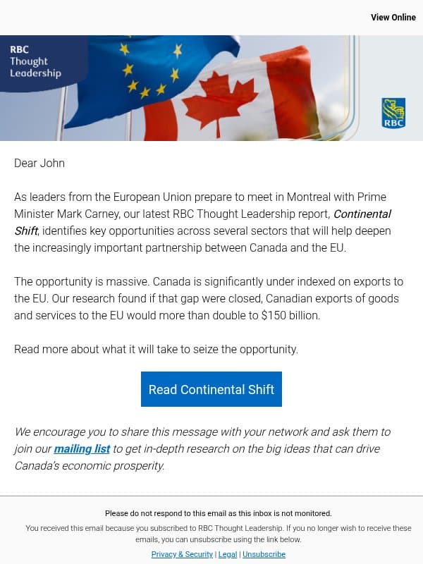 Continental Shift: How Canada can unlock a $150-billion export opportunity in the EU email from Royal Bank of Canada
