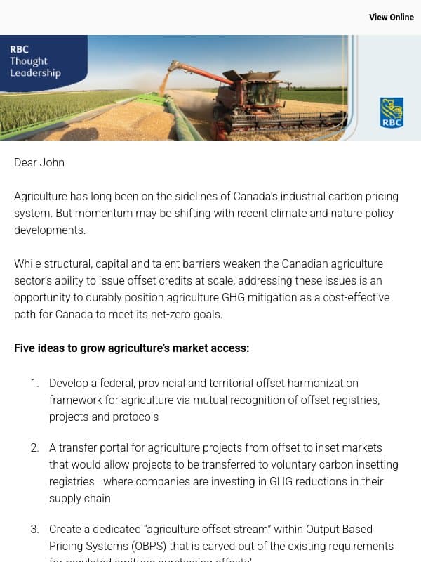 Giving Farmers Credit: Integrating agriculture in Canada’s industrial carbon pricing system email from Royal Bank of Canada