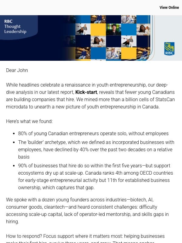 Kick-start: How to ignite entrepreneurship among young Canadians email from Royal Bank of Canada