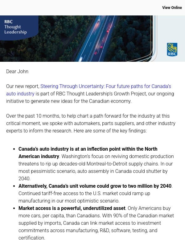 Steering Through Uncertainty: Four future paths for Canada’s auto industry email from Royal Bank of Canada