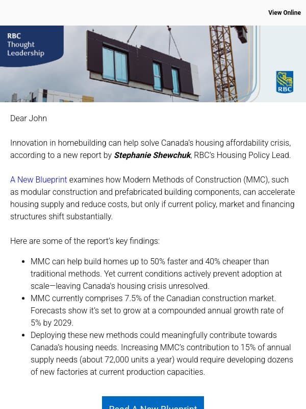 A New Blueprint: How Modern Methods of Construction can help solve Canada’s housing crisis email from Royal Bank of Canada