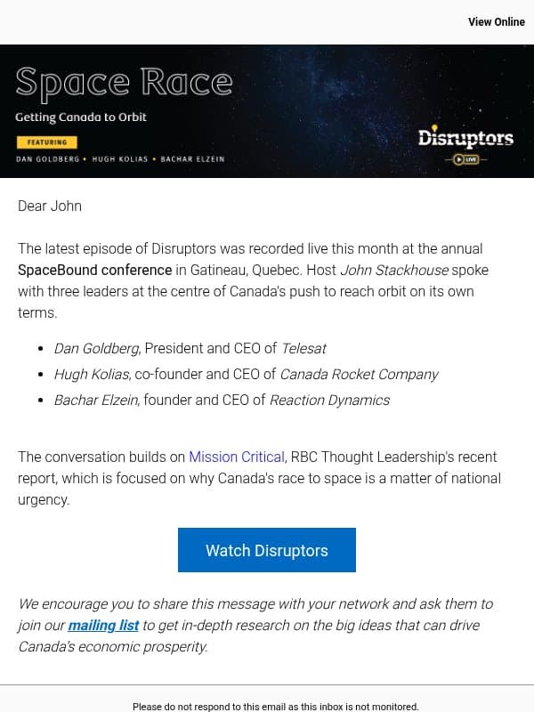 Space Race: Getting Canada to Orbit email from Royal Bank of Canada