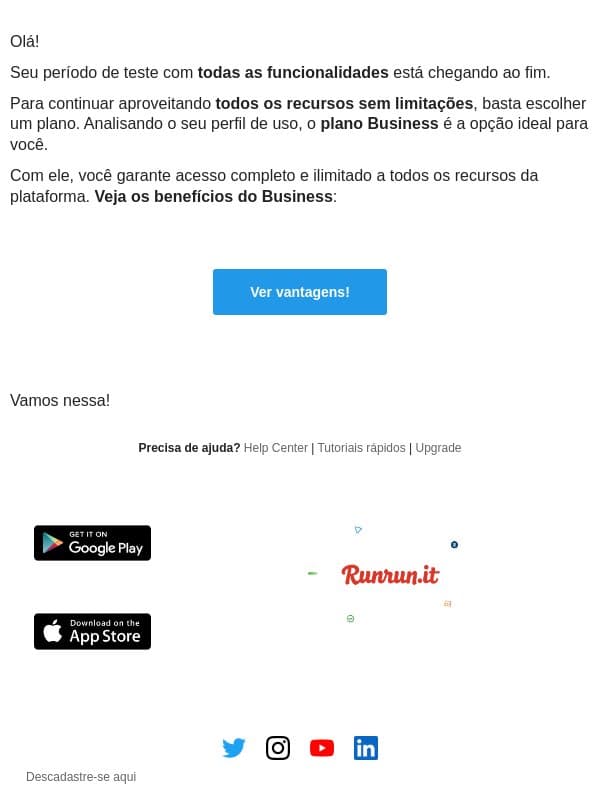 Últimos dias do trial: continue com acesso completo email from Runrun.it