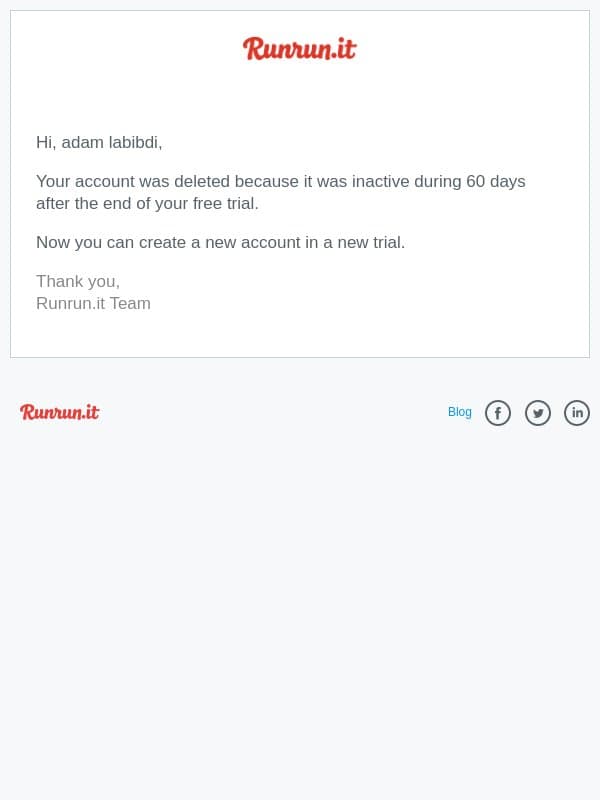 Your Runrun.it account was deleted email from Runrun.it