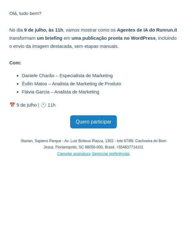 Workshop ao Vivo: Do Briefing à publicação no WordPress com Agentes de IA email from Runrun.it