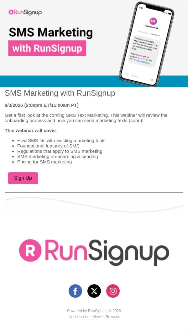 Webinar: SMS Marketing with RunSignup email from RunSignup screenshot