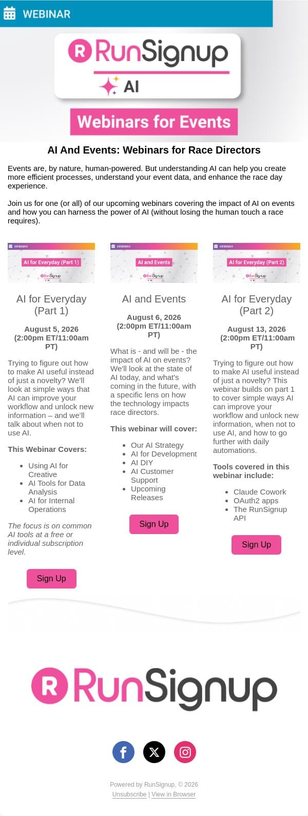 Starting This Week: RunSignup AI and Events (Webinar Series) email from RunSignup screenshot