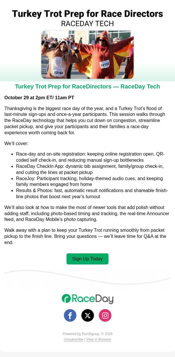 Reminder Turkey Trot Prep for Race Directors Webinar Tomorrow! email from RunSignup screenshot