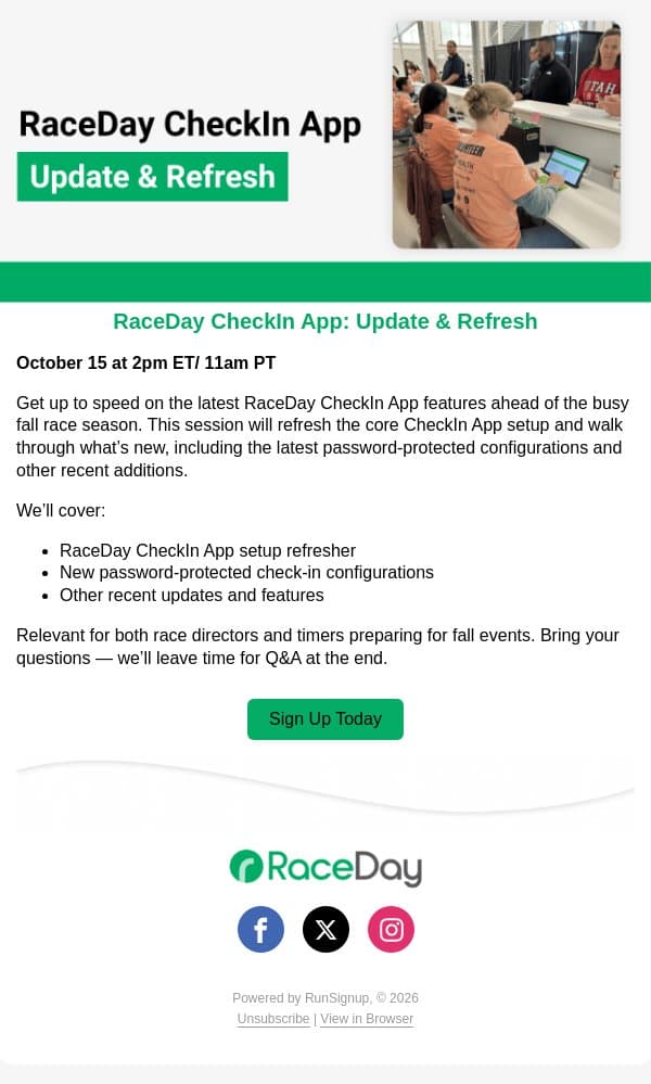 Reminder RaceDay CheckIn App Update & Refresher Webinar Tomorrow! email from RunSignup screenshot