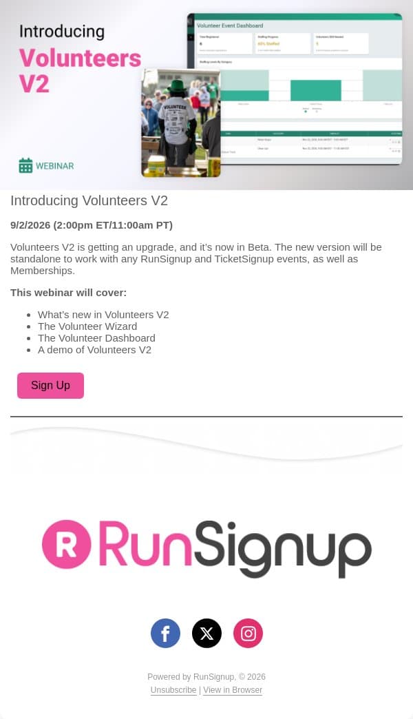 Webinar: Introducing Volunteers V2 email from RunSignup screenshot