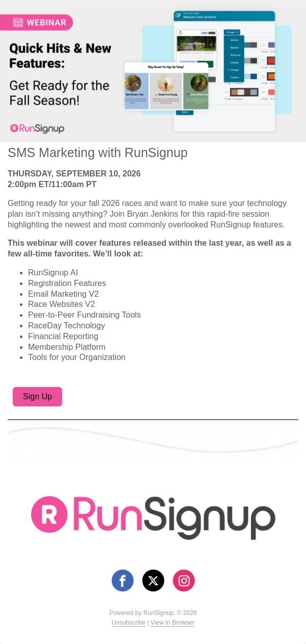 Webinar: Quick Hits & New Features: Get Ready for the Fall Season! email from RunSignup screenshot