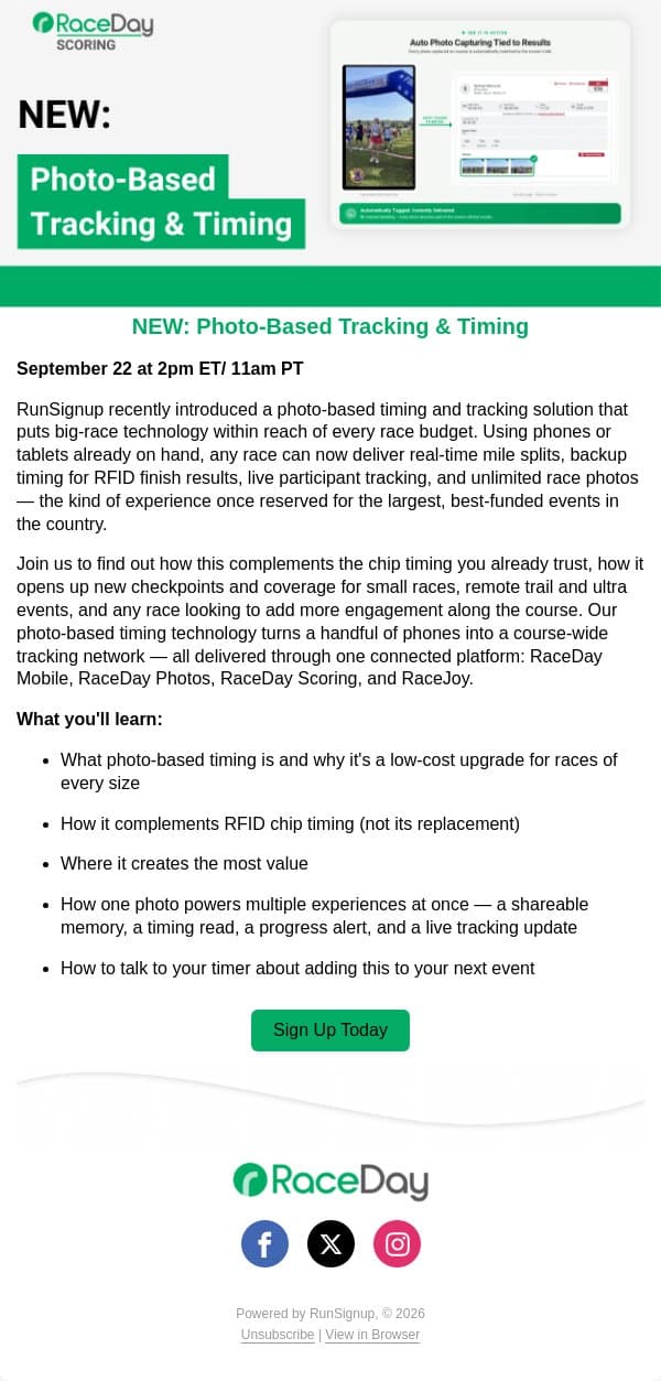 NEW: Photo-Based Tracking & Timing Webinar 9/24 email from RunSignup screenshot